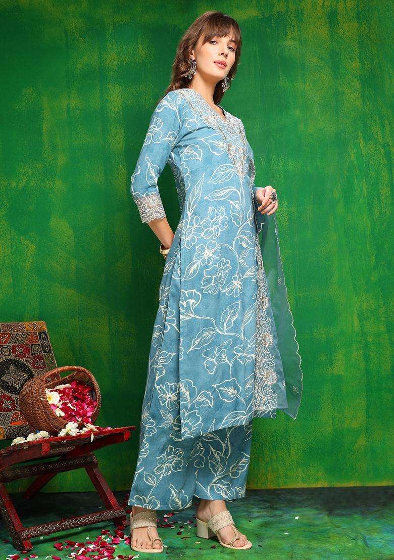 Aqua Blue Embroidered Rayon Straight Kurta Set - Indya