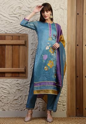 Blue Embroidery Silk Kurta Set