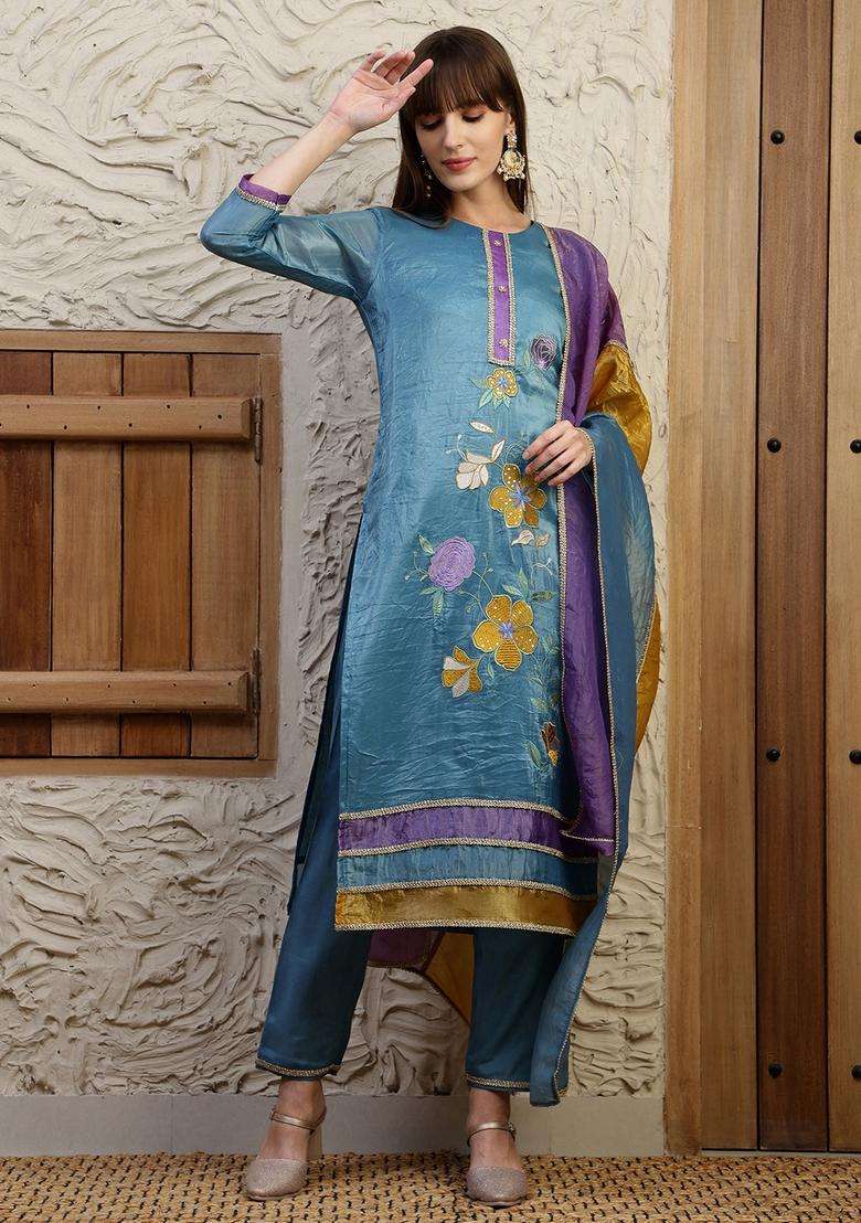 Blue Floral Print Silk Straight Kurta Set - Indya