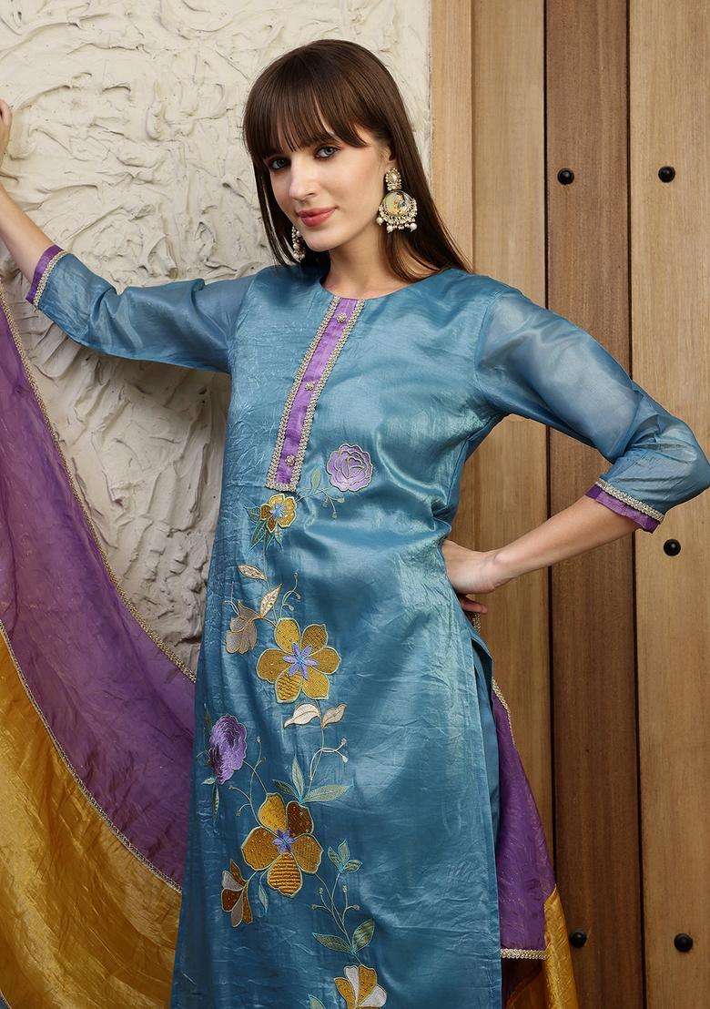 Blue Floral Print Silk Straight Kurta Set - Indya