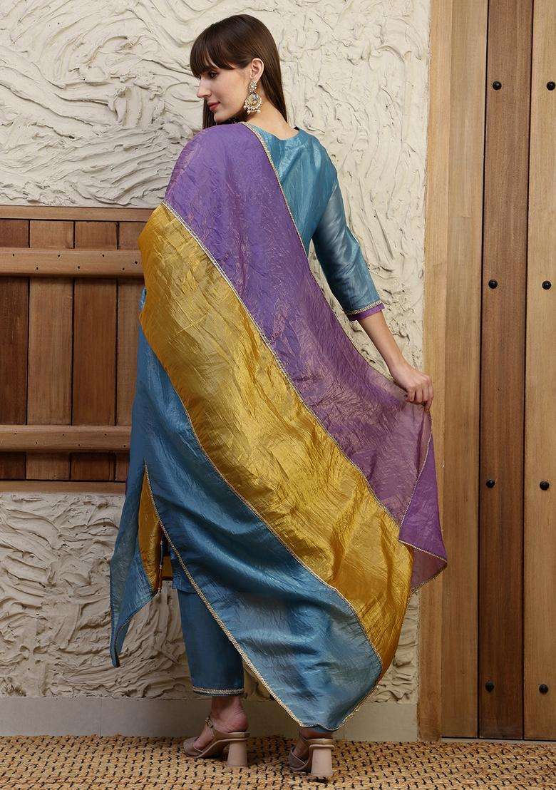 Blue Floral Print Silk Straight Kurta Set - Indya