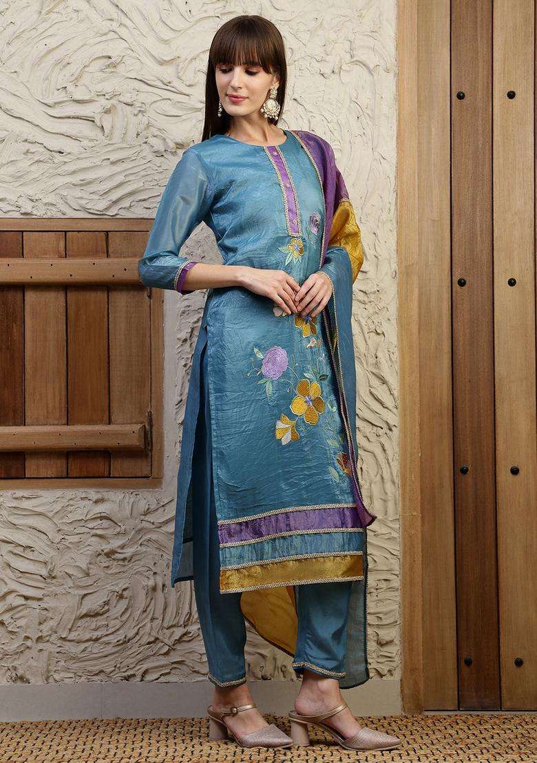 Blue Floral Print Silk Straight Kurta Set - Indya