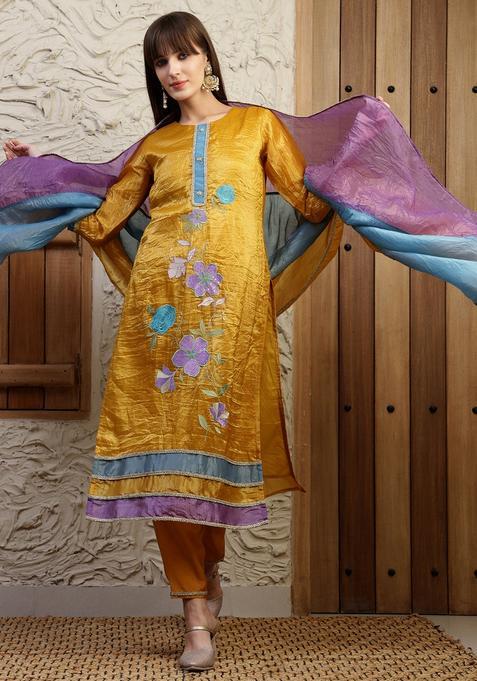 Mustard Embroidery Silk Kurta Set