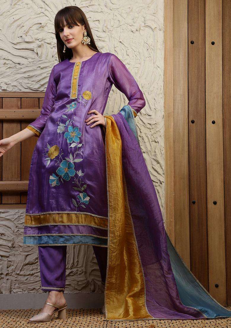 Purple Embroidered Silk Straight Kurta Set - Indya
