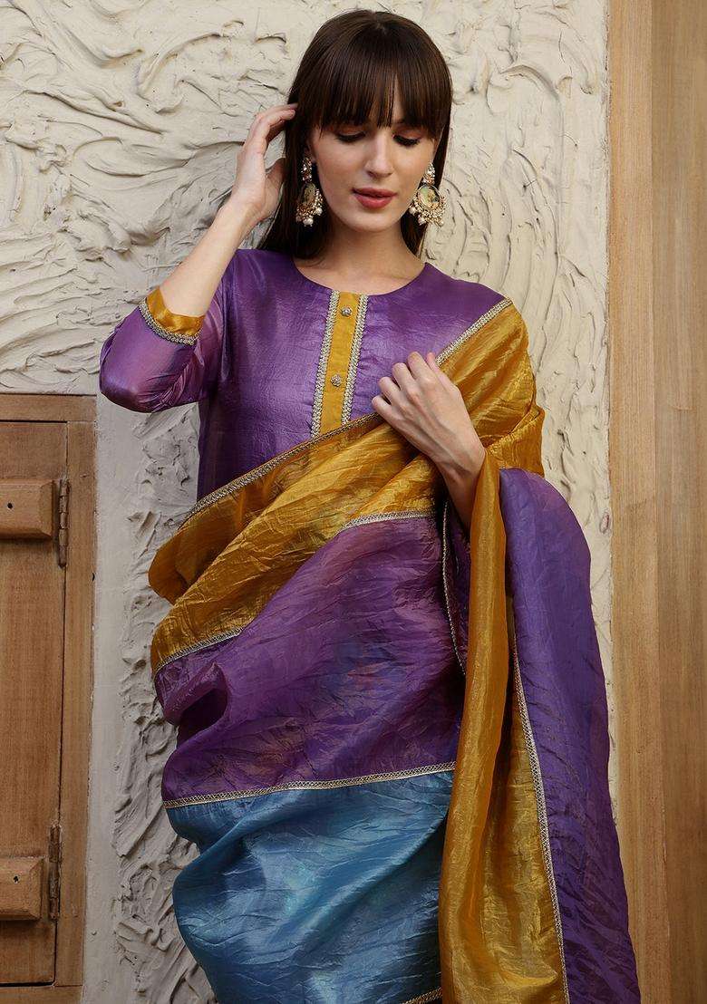 Purple Embroidered Silk Straight Kurta Set - Indya
