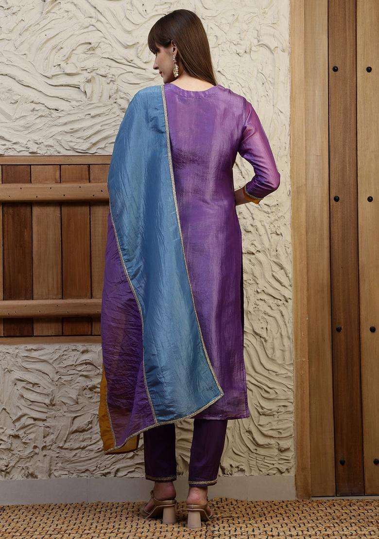Purple Embroidered Silk Straight Kurta Set - Indya