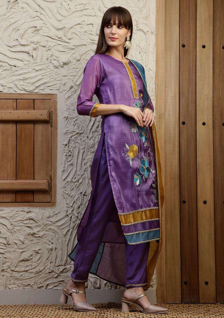 Purple Embroidered Silk Straight Kurta Set - Indya