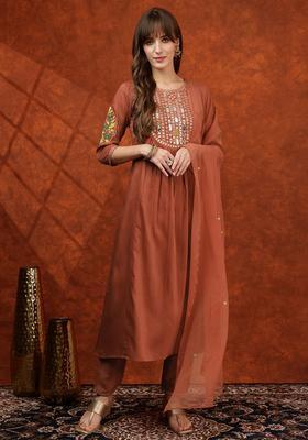 Rust Embroidery Chinnon Kurta Set