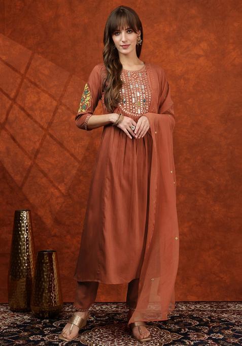 Rust Embroidery Chinnon Kurta Set