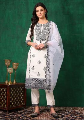 White Embroidery Chanderi Kurta Set