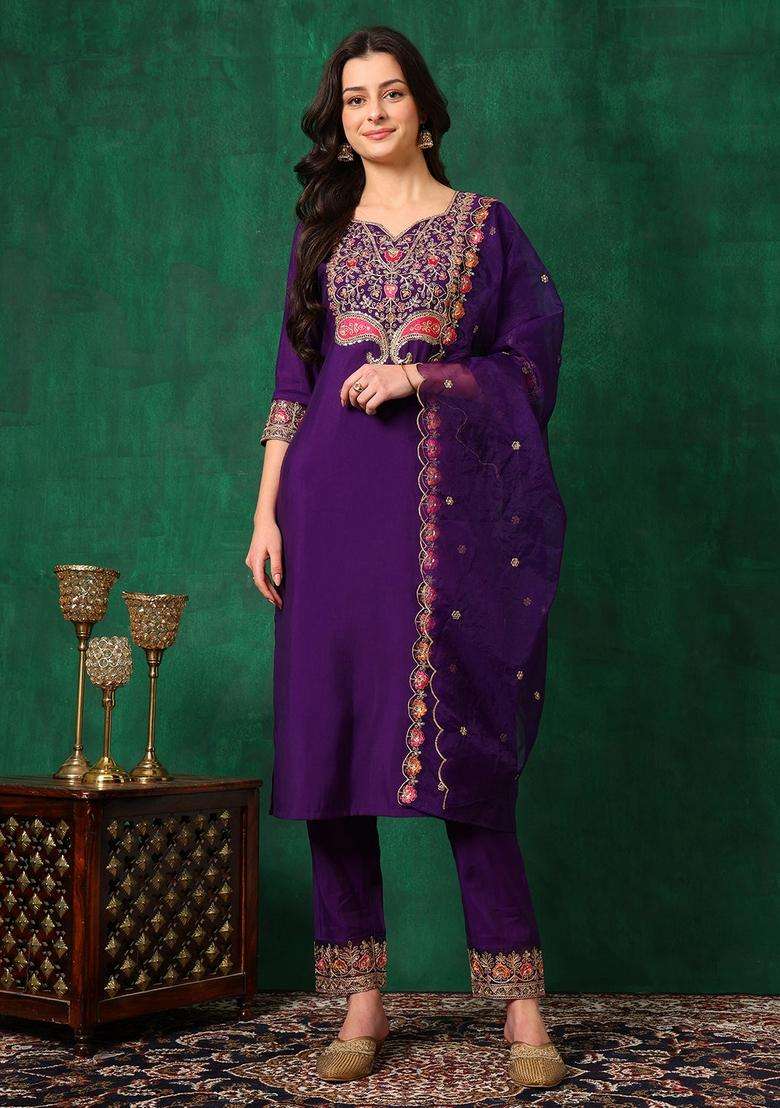 Purple Embroidered Chanderi Straight Kurta Set - Indya