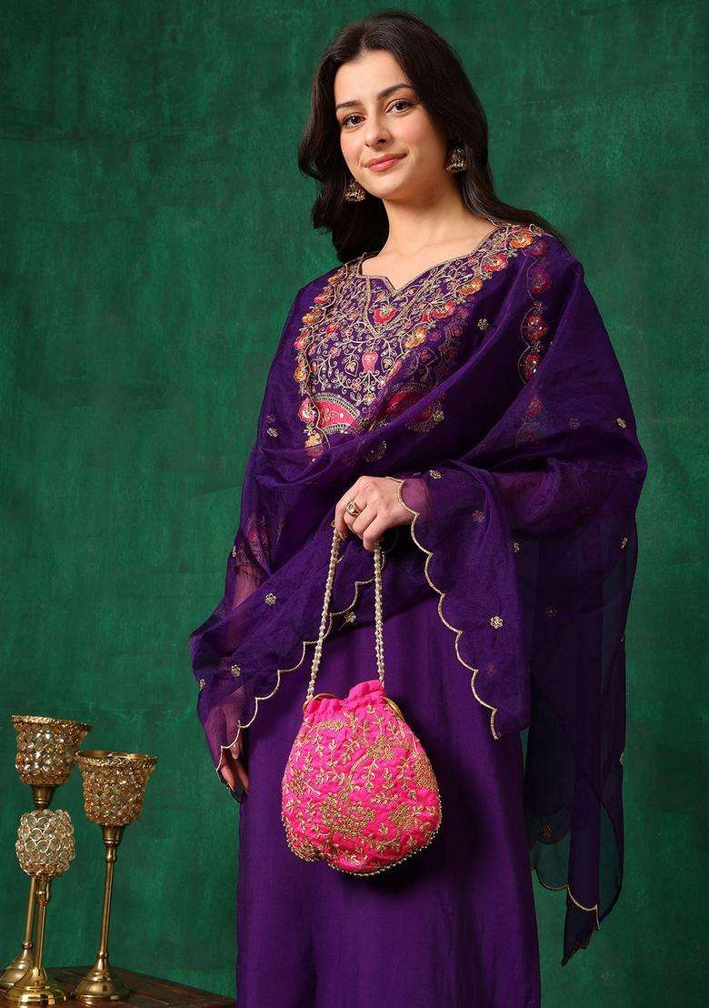 Purple Embroidered Chanderi Straight Kurta Set - Indya