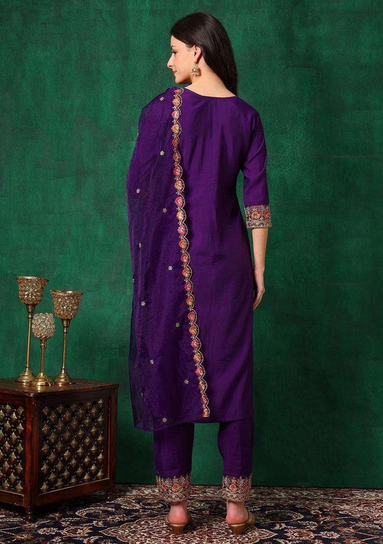 Purple Embroidered Chanderi Straight Kurta Set - Indya