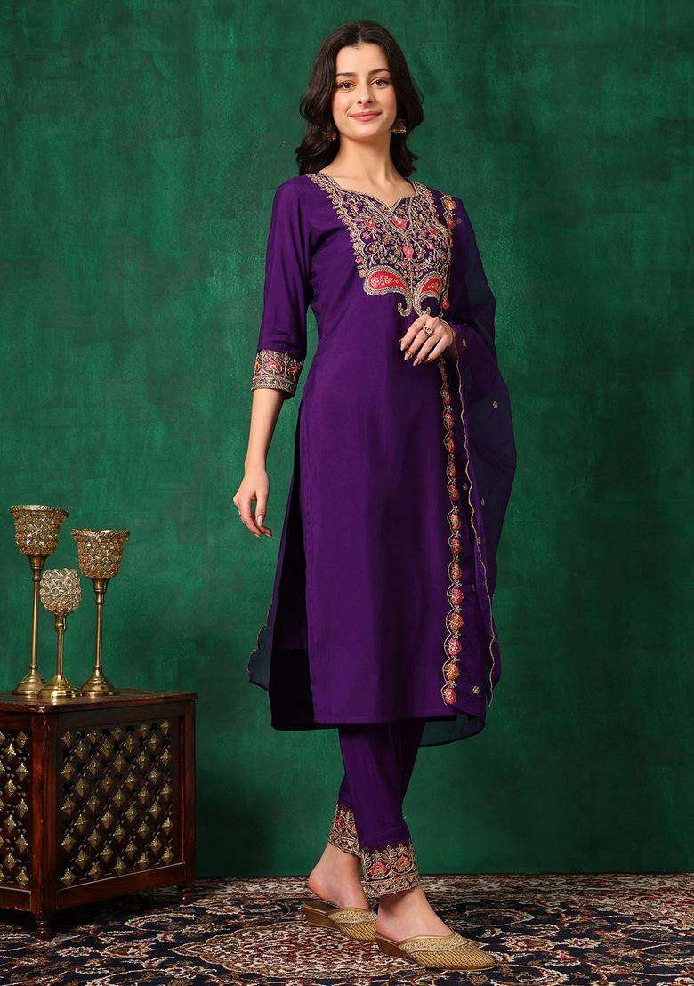 Purple Embroidered Chanderi Straight Kurta Set - Indya