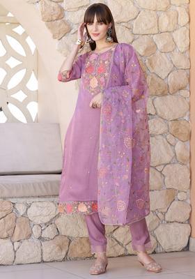 Purple Embroidery Organza Kurta Set