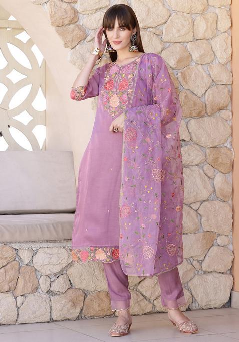 Purple Embroidery Organza Kurta Set