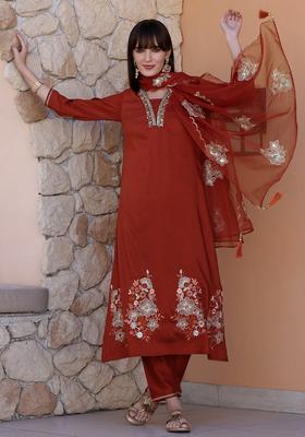 Rust Embroidery Chinnon Kurta Set