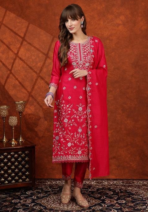 Pink Embroidery Silk Kurta Set