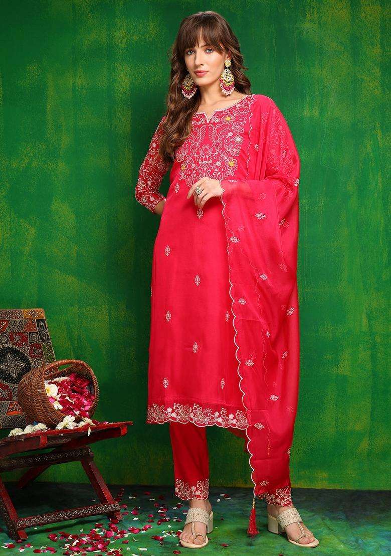 Pink Embroidered Organza Straight Kurta Set - Indya