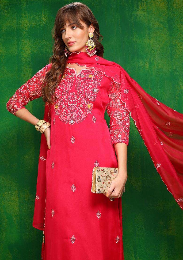Pink Embroidered Organza Straight Kurta Set - Indya