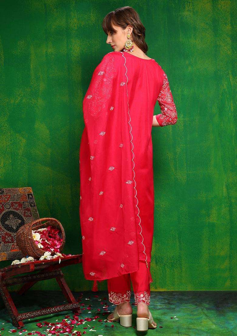 Pink Embroidered Organza Straight Kurta Set - Indya