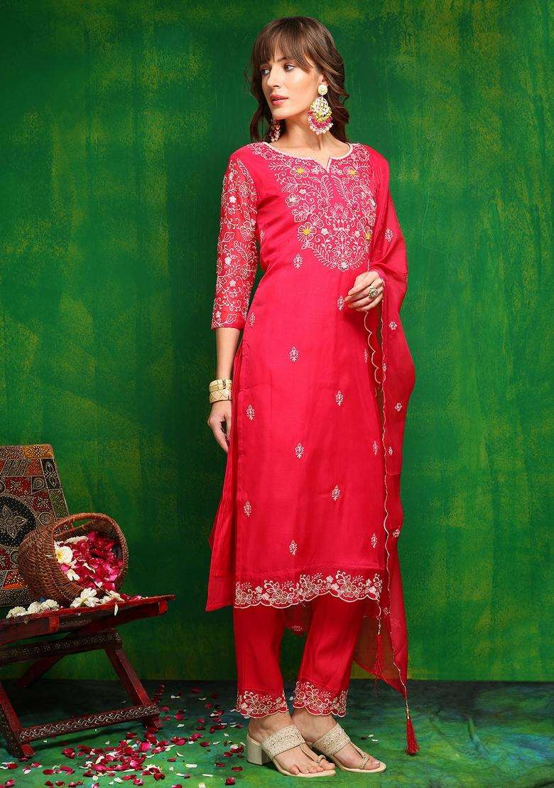 Pink Embroidered Organza Straight Kurta Set - Indya