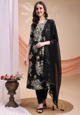Black Embroidery Rayon Kurta Set