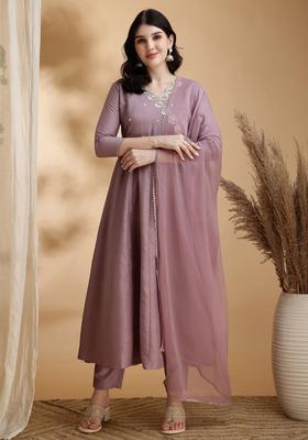 Mauve Embroidery Chinnon Kurta Set