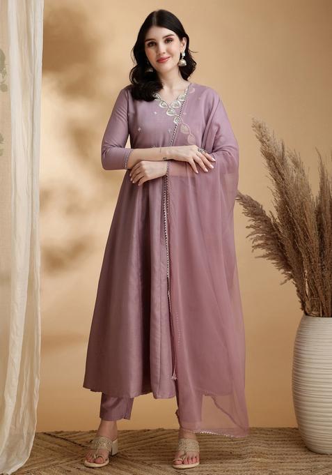 Mauve Embroidery Chinnon Kurta Set