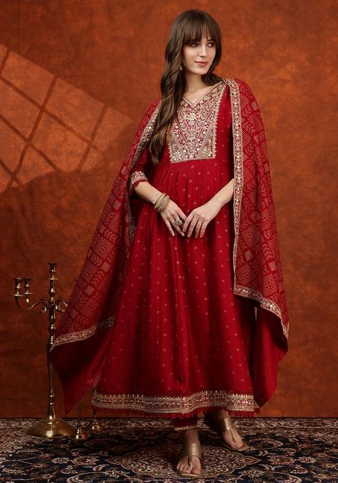 Maroon Embroidery Silk Kurta Set