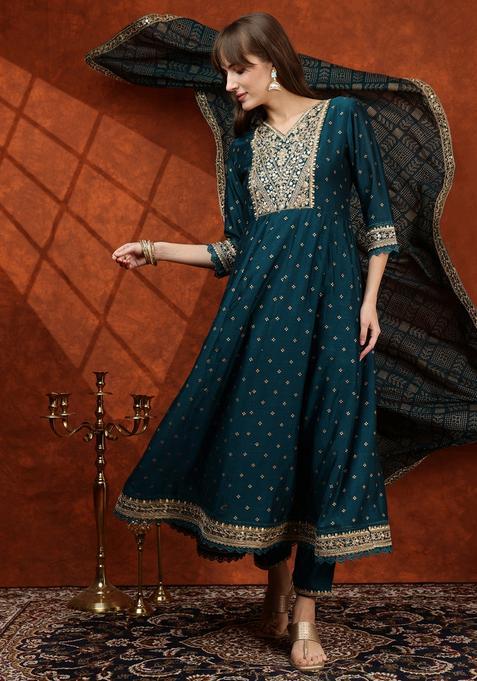 Teal Embroidery Silk Kurta Set