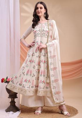 Cream Embroidery Silk Kurta Set