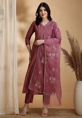 Mauve Embroidery Chanderi Kurta Set