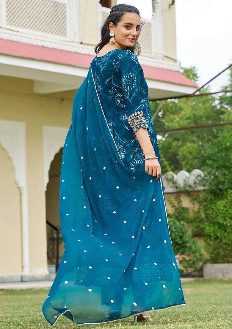 Teal Embroidery Rayon Kurta Set - Indya