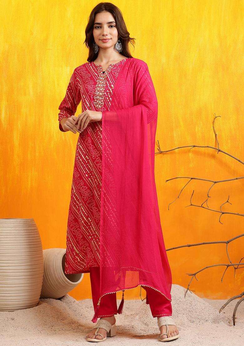 Pink Bandhani Rayon Straight Kurta Set - Indya