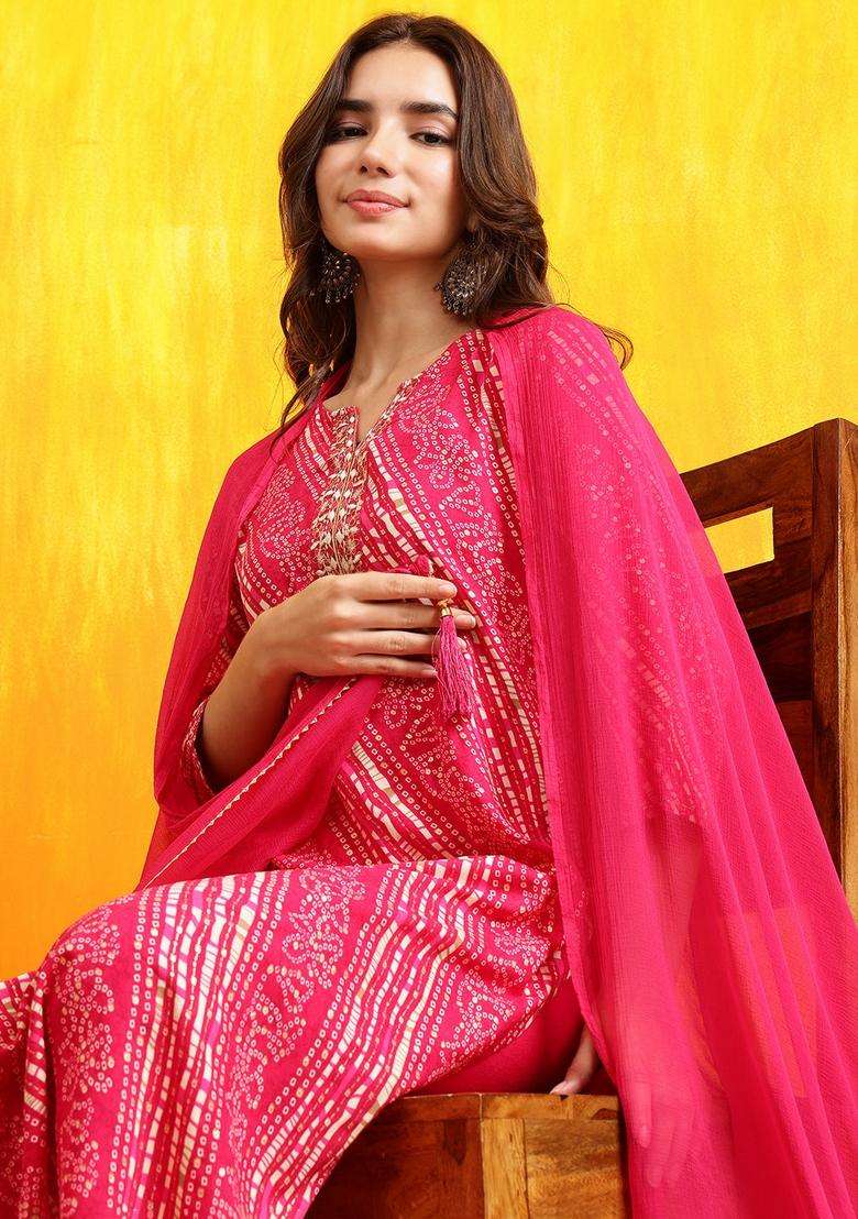 Pink Bandhani Rayon Straight Kurta Set - Indya