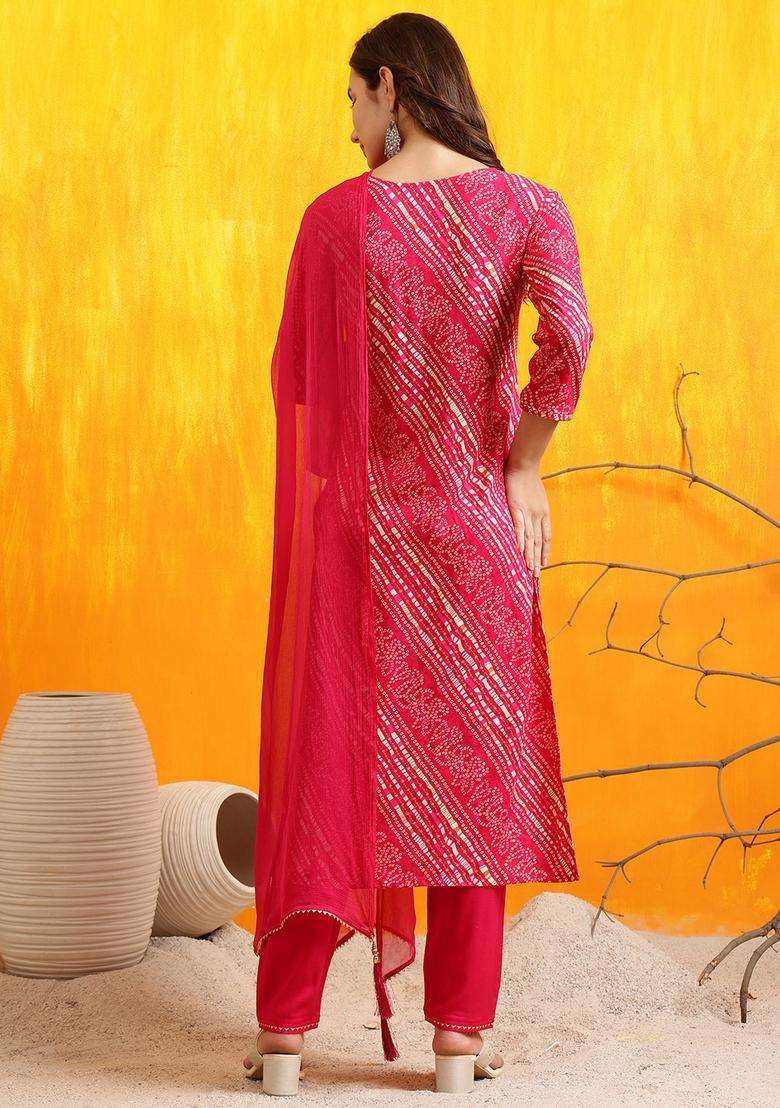 Pink Bandhani Rayon Straight Kurta Set - Indya
