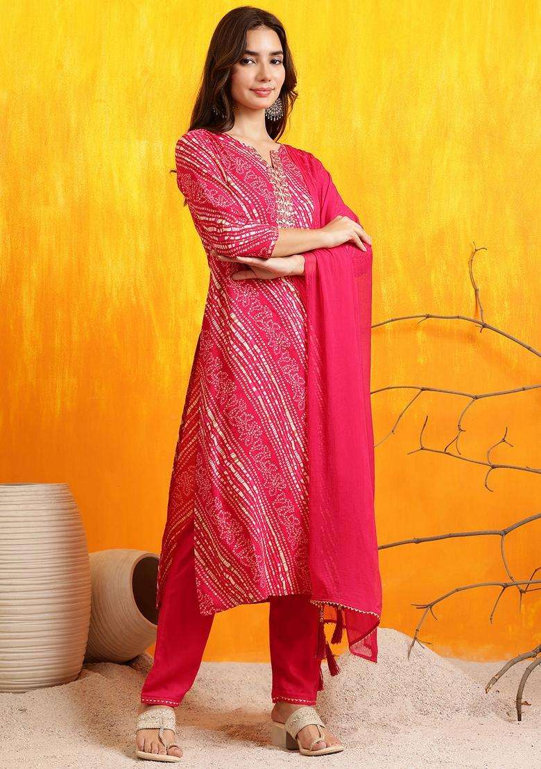 Pink Bandhani Rayon Straight Kurta Set - Indya