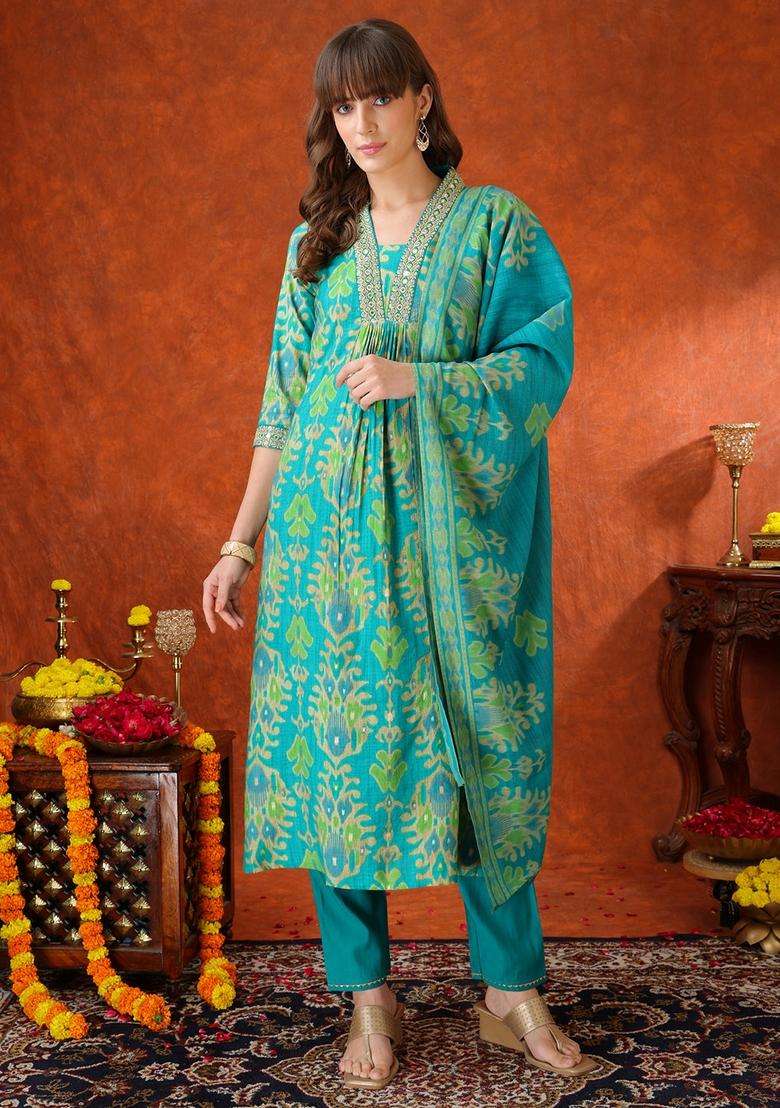 Turquoise Embroidery Silk Kurta Set - Indya