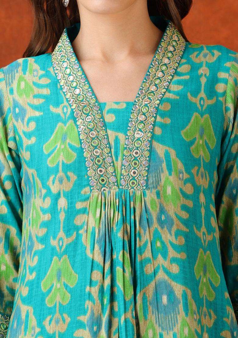 Turquoise Embroidery Silk Kurta Set - Indya