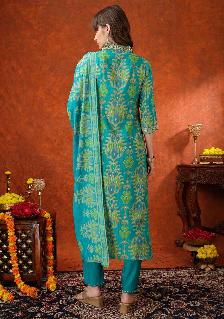 Turquoise Embroidery Silk Kurta Set - Indya