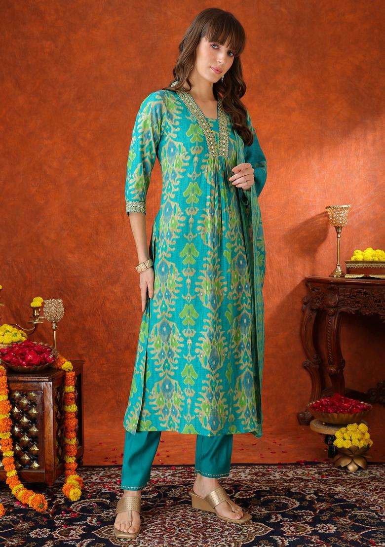 Turquoise Embroidery Silk Kurta Set - Indya