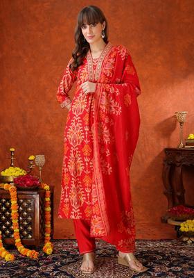 Red Embroidery Silk Kurta Set