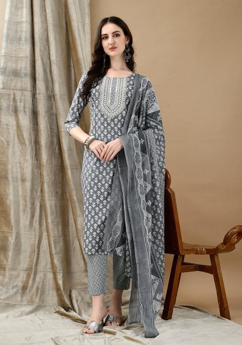 Grey Embroidery Cotton Kurta Set