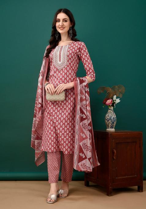 Pink Embroidery Cotton Kurta Set