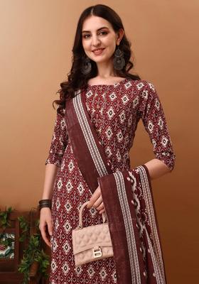 Wine Embroidery Cotton Kurta Set
