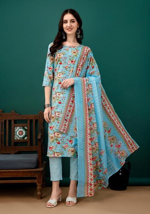 Blue Embroidery Cotton Kurta Set