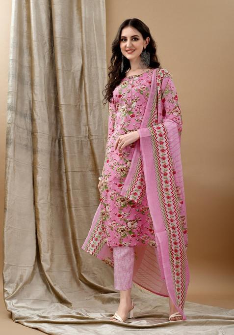 Pink Embroidery Cotton Kurta Set