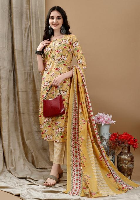 Yellow Embroidery Cotton Kurta Set