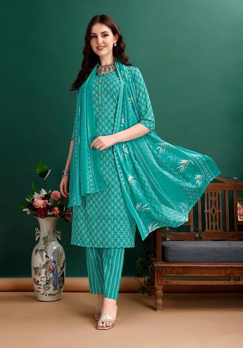 Blue Embroidery Cotton Kurta Set